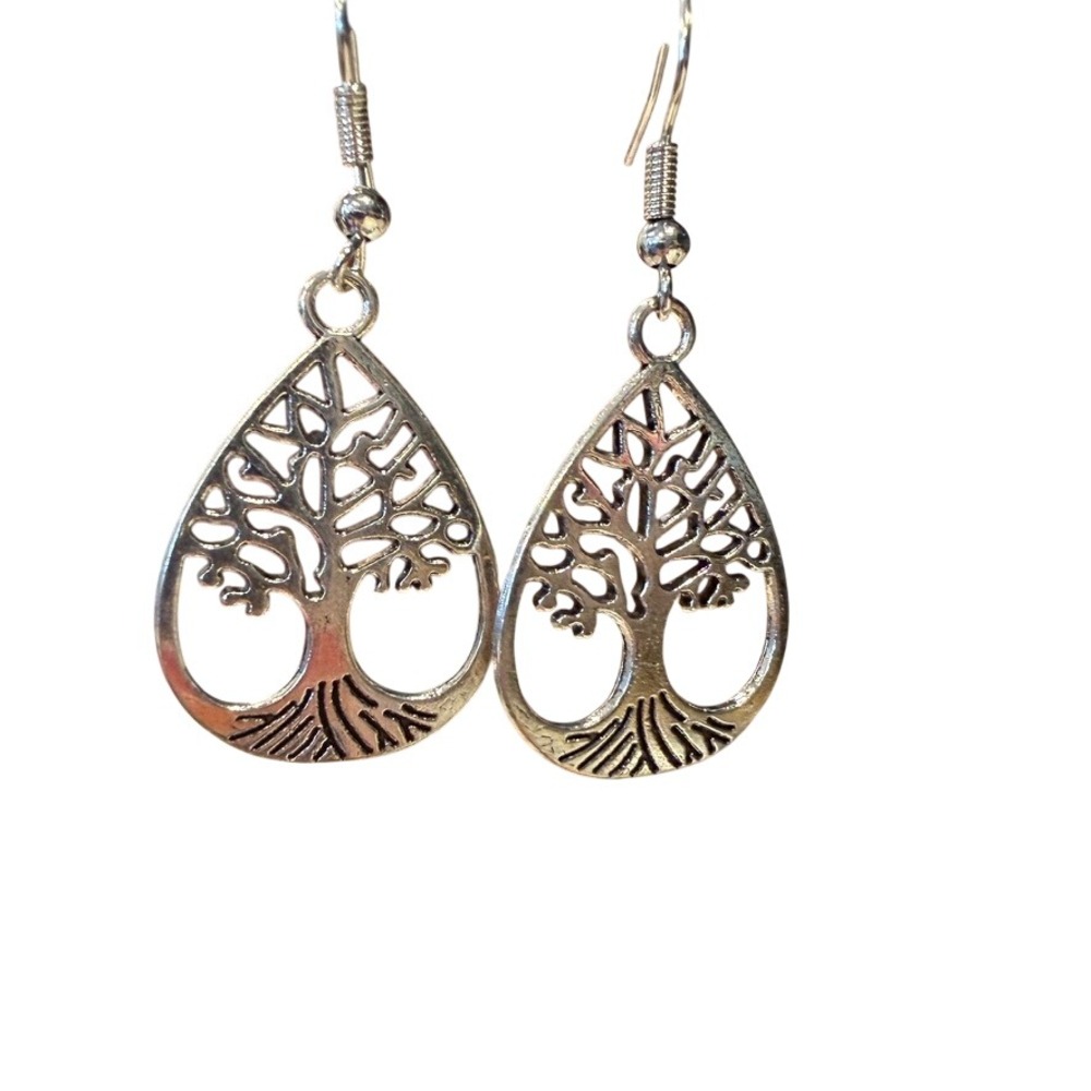 Silver Tone Tree of Life Teardrop Dangle‎ Earrings Earth Day Hippie Boho Nature